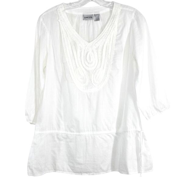 Chicos White Cotton Embroidered Boho Peasant Tunic Top Size 0 or Small - Picture 2 of 7